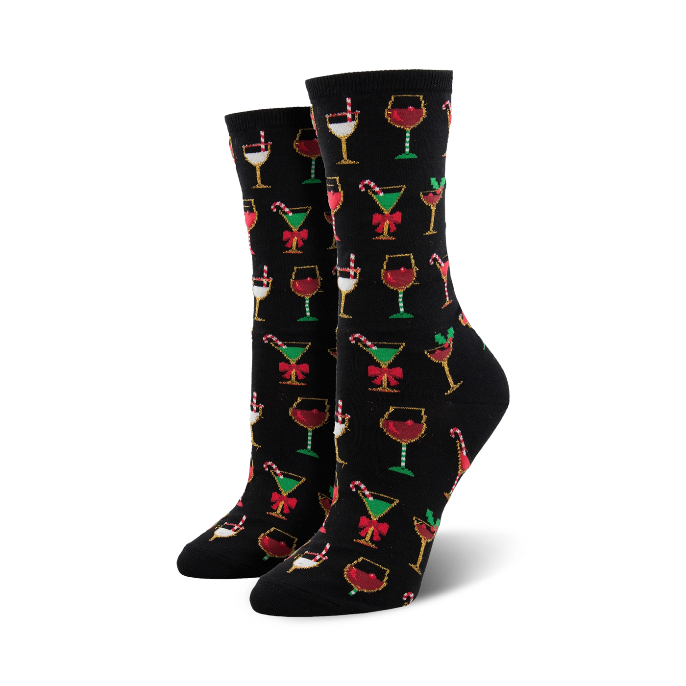 Crew socks in black with a colorful Christmas cocktail pattern. Red, green, gold, and white glasses with candy canes and bows are featured on the black background.