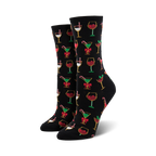 Crew socks in black with a colorful Christmas cocktail pattern. Red, green, gold, and white glasses with candy canes and bows are featured on the black background.