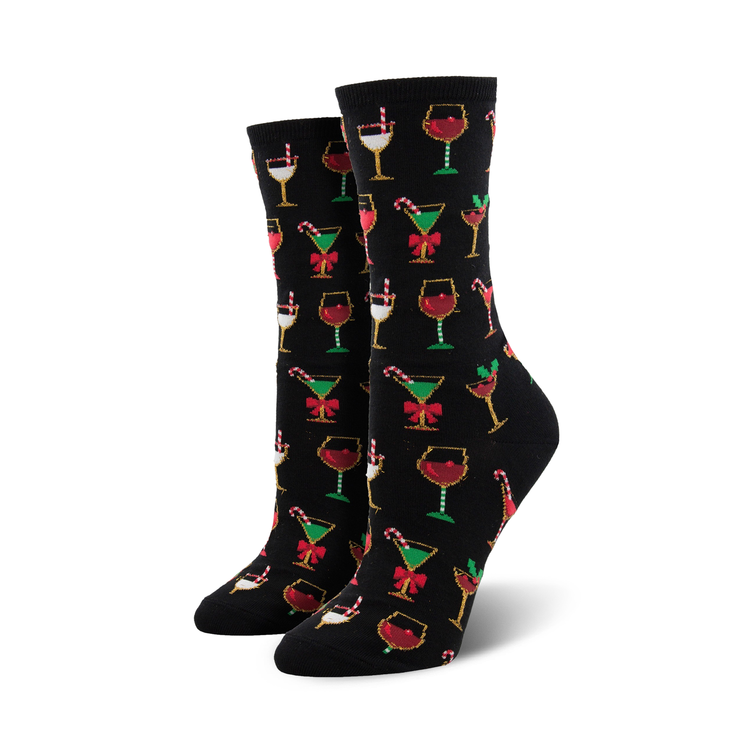 Crew socks in black with a colorful Christmas cocktail pattern. Red, green, gold, and white glasses with candy canes and bows are featured on the black background.