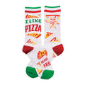 A pair of white crew socks with a pizza pattern. Red and yellow pizza slices are scattered across the socks along with the text 'I Like Pizza'. The cuffs have red and green stripes.