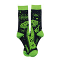Pair of crew socks. Dark navy blue with lime green UFO, alien, and 'I BELIEVE' design.