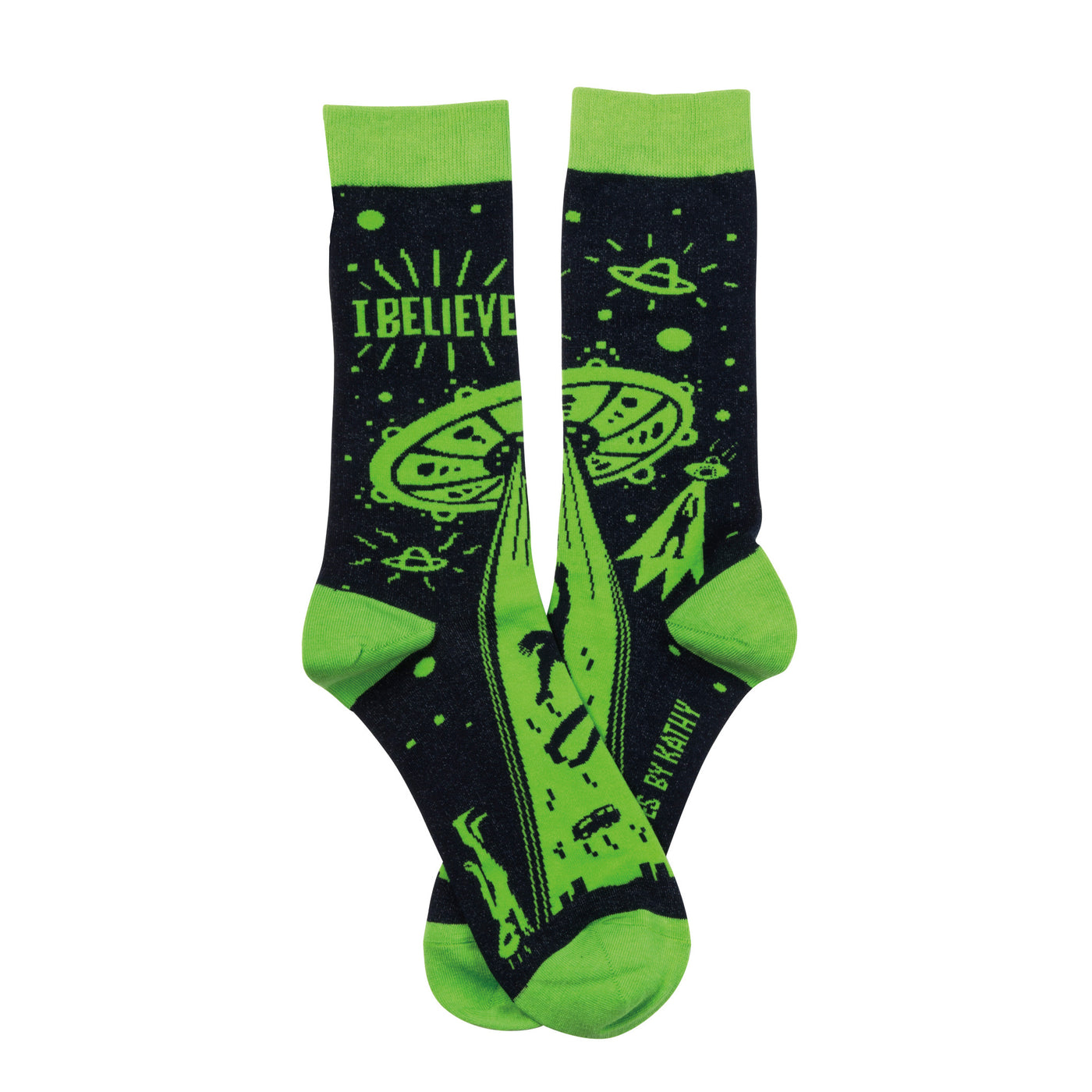 Pair of crew socks. Dark navy blue with lime green UFO, alien, and 'I BELIEVE' design.
