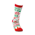 Close-up of a single 'Naughty or Nice' sock on a white background, showcasing the design details.