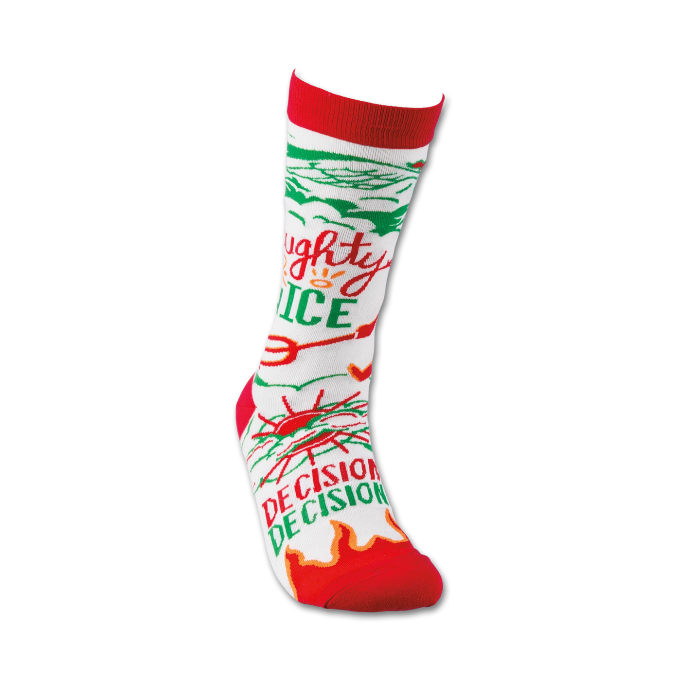 Close-up of a single 'Naughty or Nice' sock on a white background, showcasing the design details.