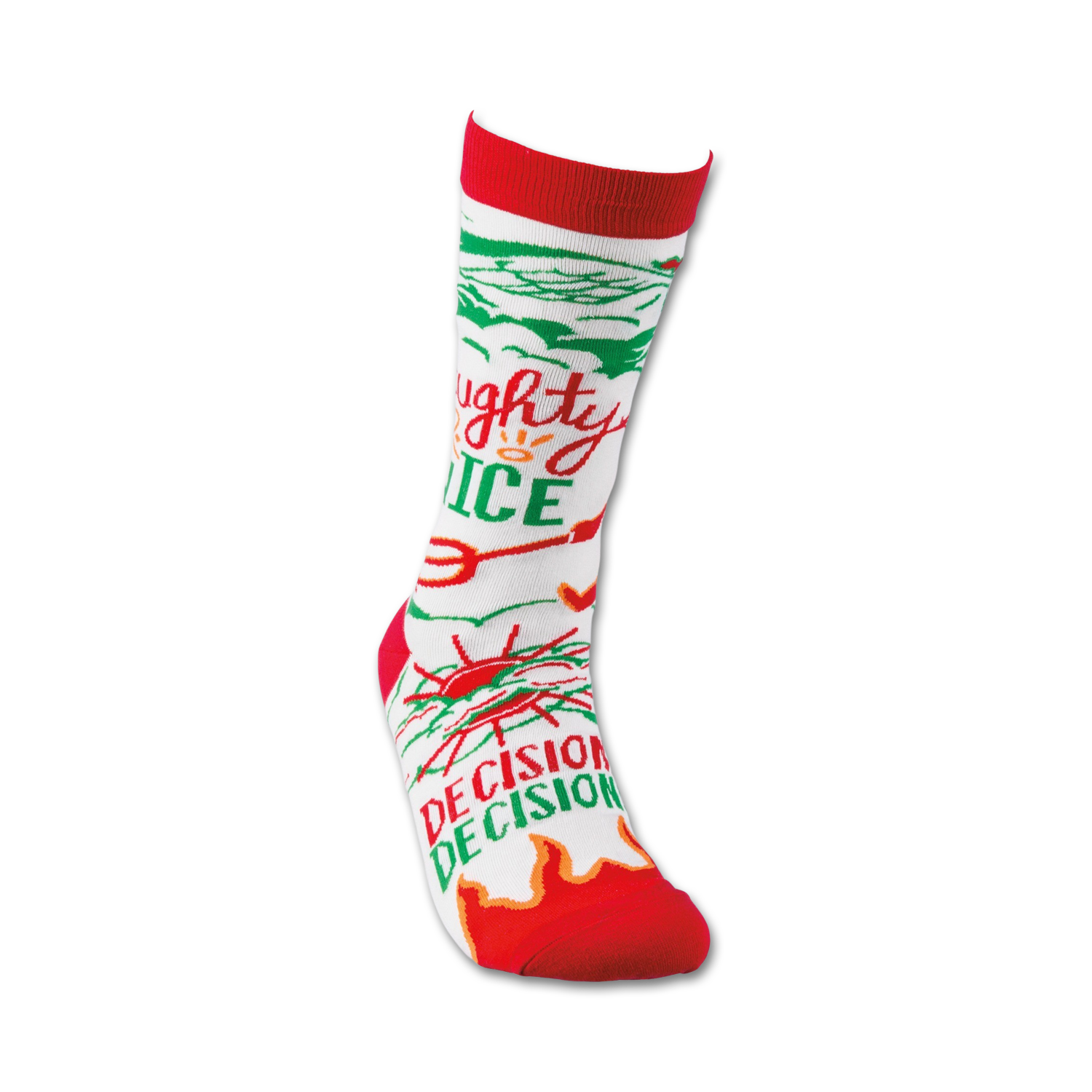 Close-up of a single 'Naughty or Nice' sock on a white background, showcasing the design details.