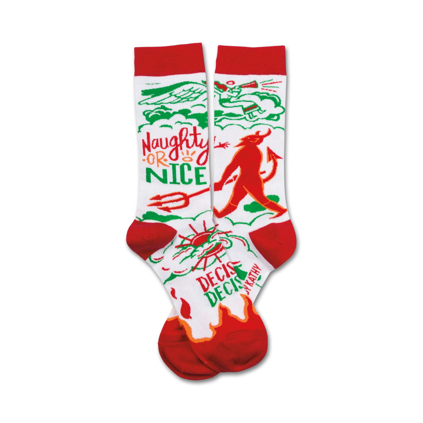 Crew socks in red, green, and white. Features a whimsical illustration of a devil and angel with the text 'Naughty or Nice'.