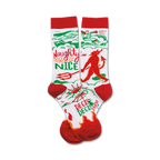 Crew socks in red, green, and white. Features a whimsical illustration of a devil and angel with the text 'Naughty or Nice'.