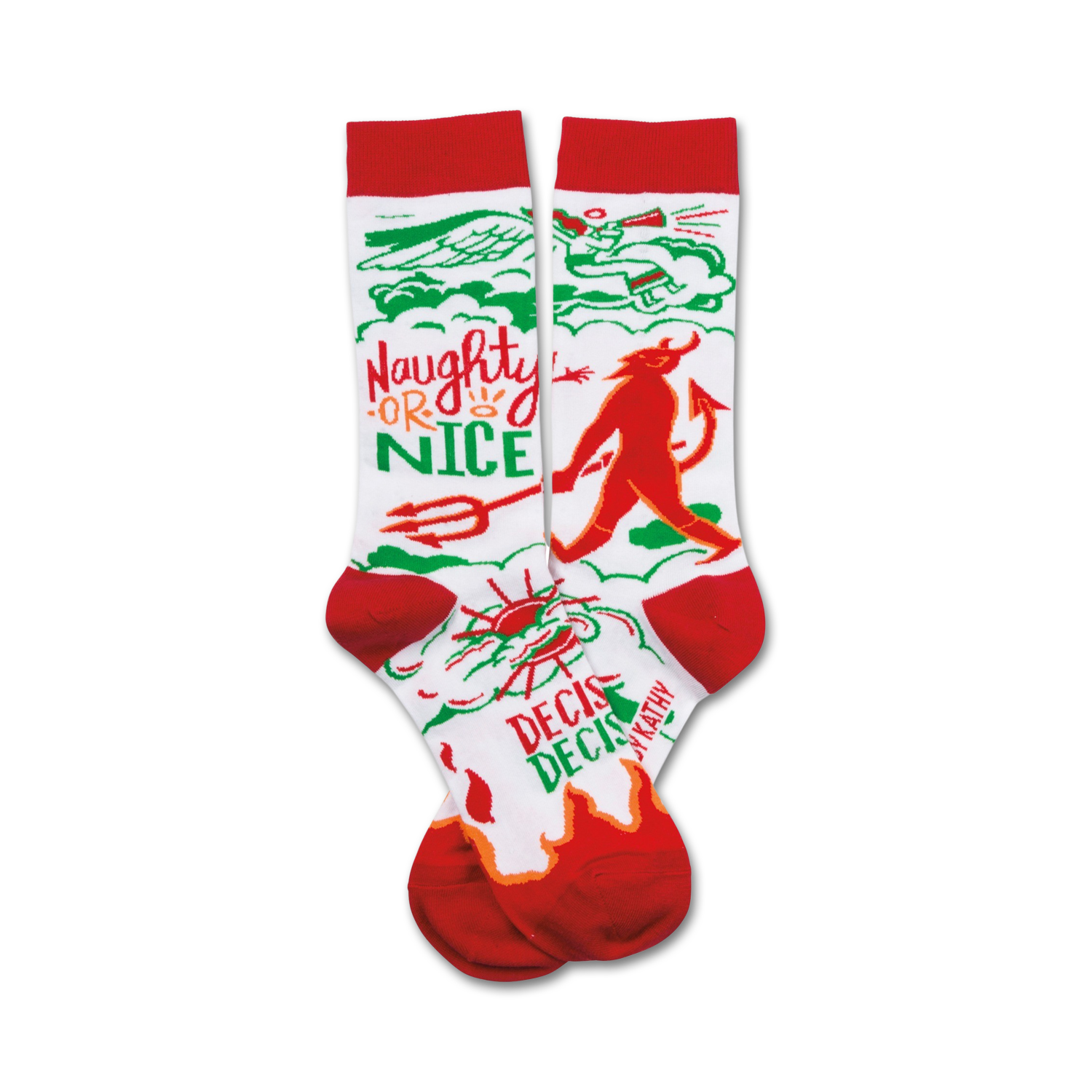 Crew socks in red, green, and white. Features a whimsical illustration of a devil and angel with the text 'Naughty or Nice'.