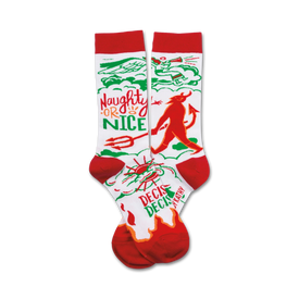 naughty nice christmas themed mens & womens unisex white novelty crew socks