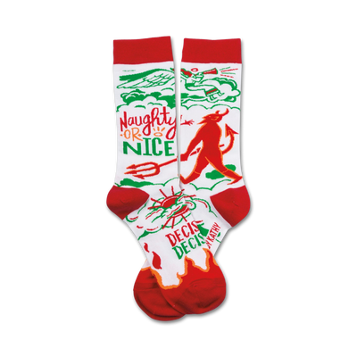 naughty nice christmas themed mens & womens unisex white novelty crew socks