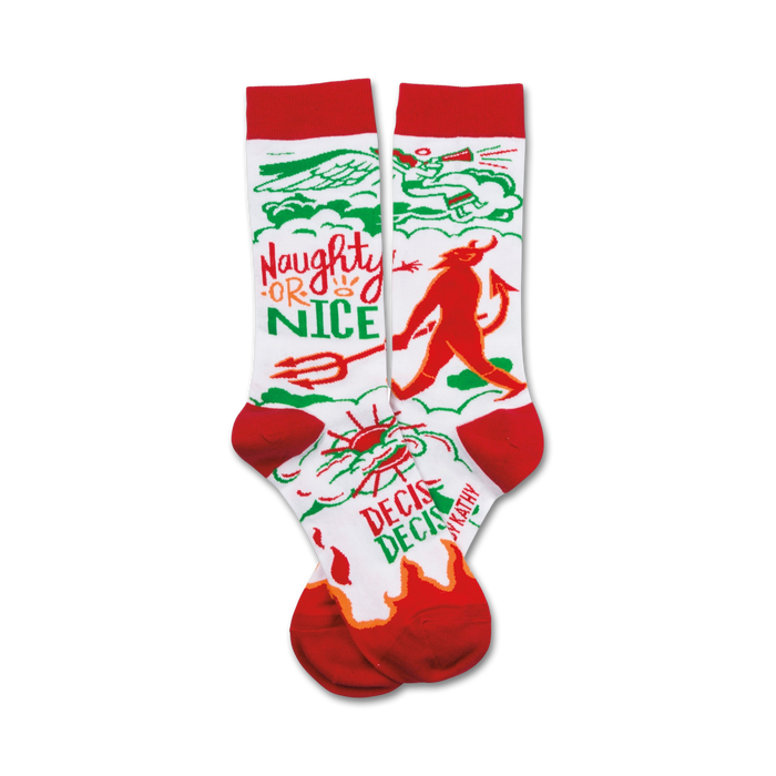 naughty nice christmas themed mens & womens unisex white novelty crew socks