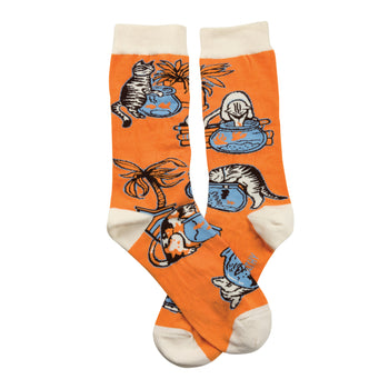 fishin' cat themed womens orange novelty crew socks