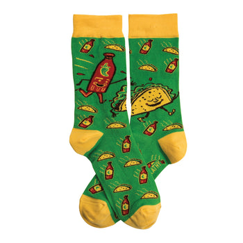 taco & hot sauce taco themed mens & womens unisex green novelty crew socks
