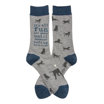 Crew socks in grey with a navy blue cuff.  The socks feature a repeating pattern of dark grey dog silhouettes and the text 'It's all fun and games until someone ends up in a cone'.