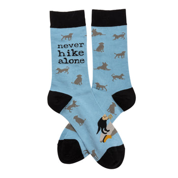 never hike alone dog themed mens & womens unisex blue novelty crew socks