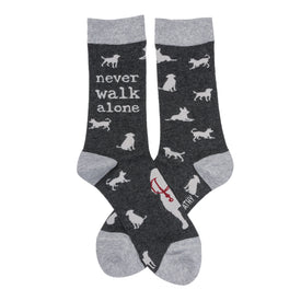 never walk alone dog themed mens & womens unisex grey novelty crew socks